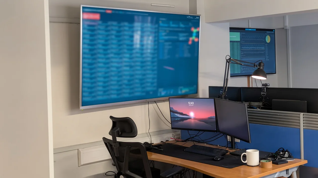 Inside the office: a desk with dual monitors, and a wall mounted screen showing the monitoring dashboard the team watches during the day.