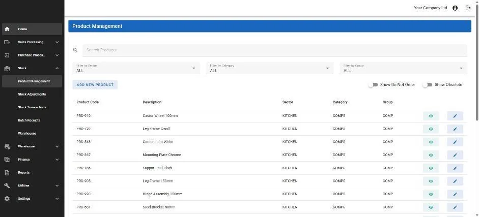 A product record in our ERM platform showing pricing unit, standard sell and cost, packing data, and a panel of live stock levels by type.